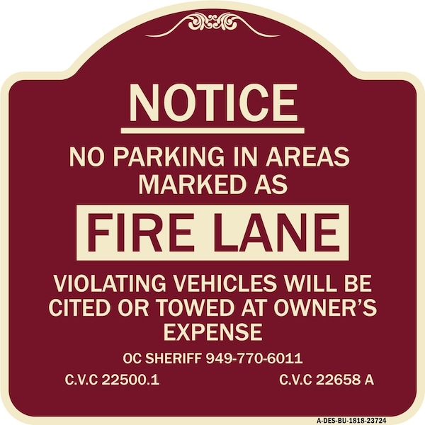 Signmission No Parking in Areas Marked as Fire Lane CVC Section 22500.1 & 22658 Alum, 18" x 18", BU-1818-23724 A-DES-BU-1818-23724 - main